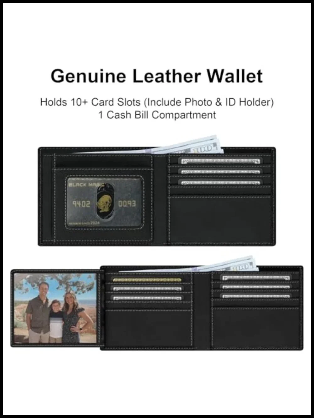 Genuine Leather Bifold Wallet with Chain - RFID Blocking, Holds 12+ Cards